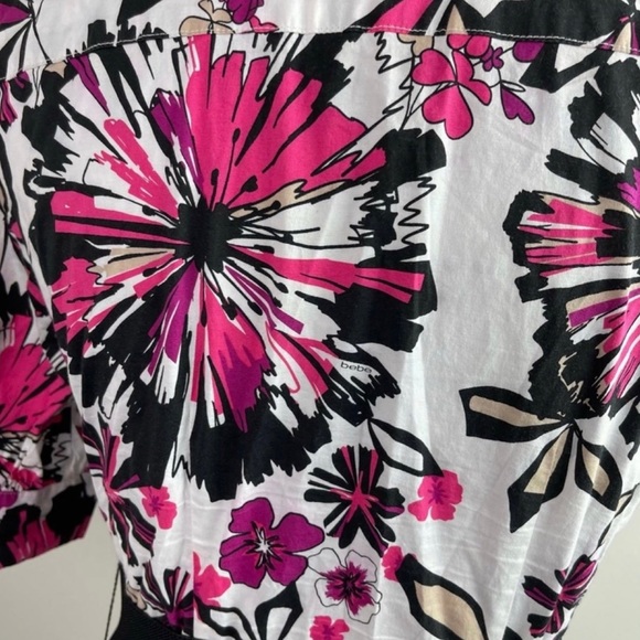 Bebe Floral Print Pink Multicolor Ruffle Layered Collar Belted V-Neck Blouse - Picture 8 of 11